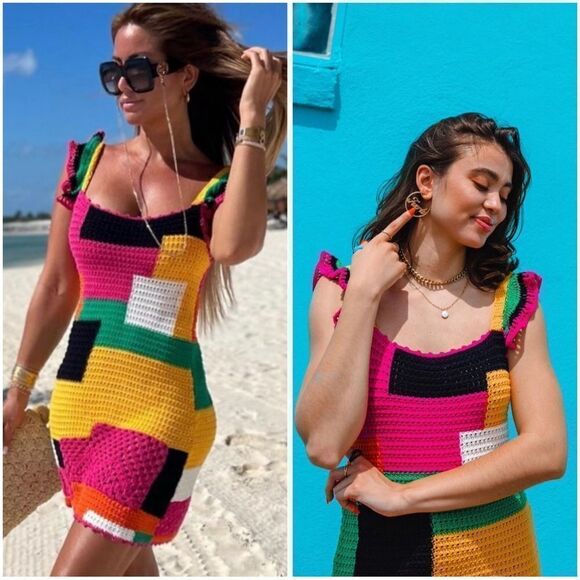 ZARA PATCHWORK CROCHET KNIT DRESS - Picture 1 of 10